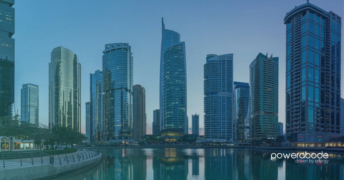Jumeirah Lakes Towers at dusk - Almas Tower and the DMCC district, Dubai